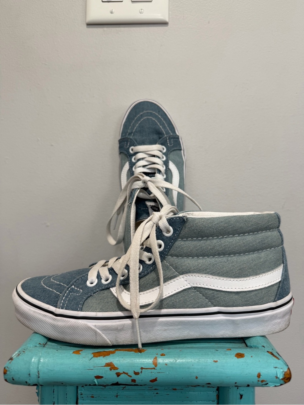 Vans Sk8-Mid Reissue Denim 2-Tone Sneakers Blue Denim Material Men 7 Women 8.5